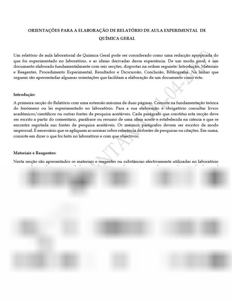 Primeira página: Orientações para o relatório de aula experimental de Química Geral · ISPTEC