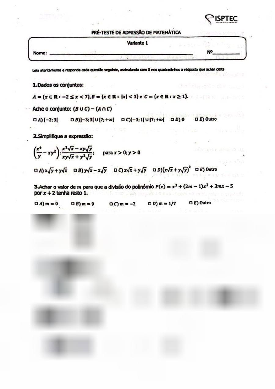 Primeira página: Exame de Acesso de Matemática, pré-teste de admissão Variante 1 · ISPTEC