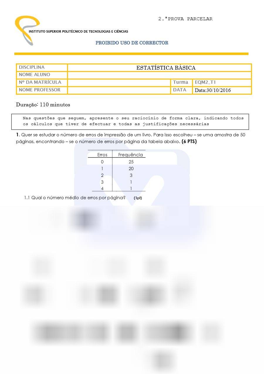Primeira página: 2.ª Prova Parcelar de Estatística – ISPTEC 2016 · Engenharia Informática
