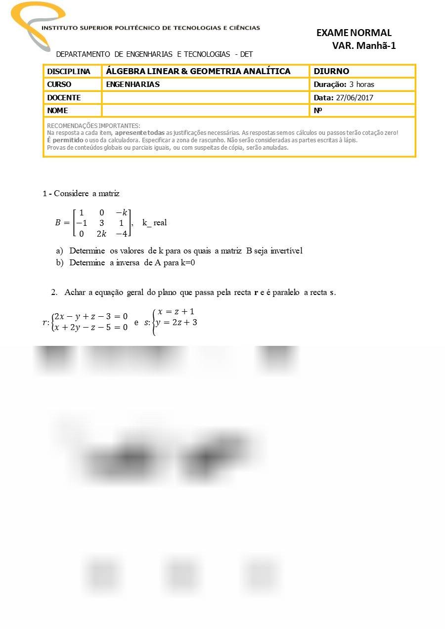 Primeira página: Exame Normal de Álgebra Linear & Geometria Analítica, turno da manhã · ISPTEC · 2017