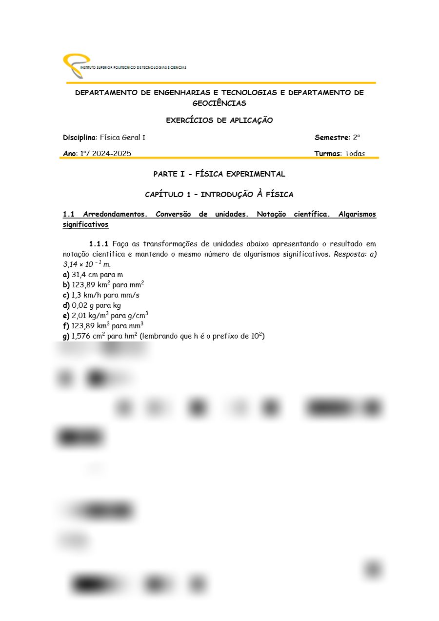 Primeira página: Exercícios de Física Geral I: mecânica e física experimental · ISPTEC · 2025