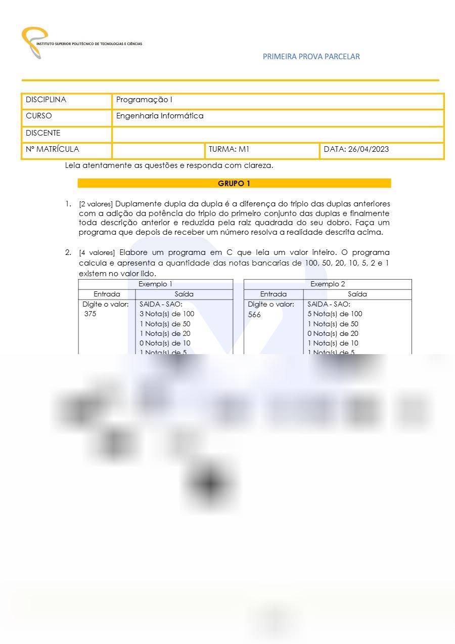 Primeira página: 1.ª Prova Parcelar de Programação I – ISPTEC 2023 · Engenharia Informática