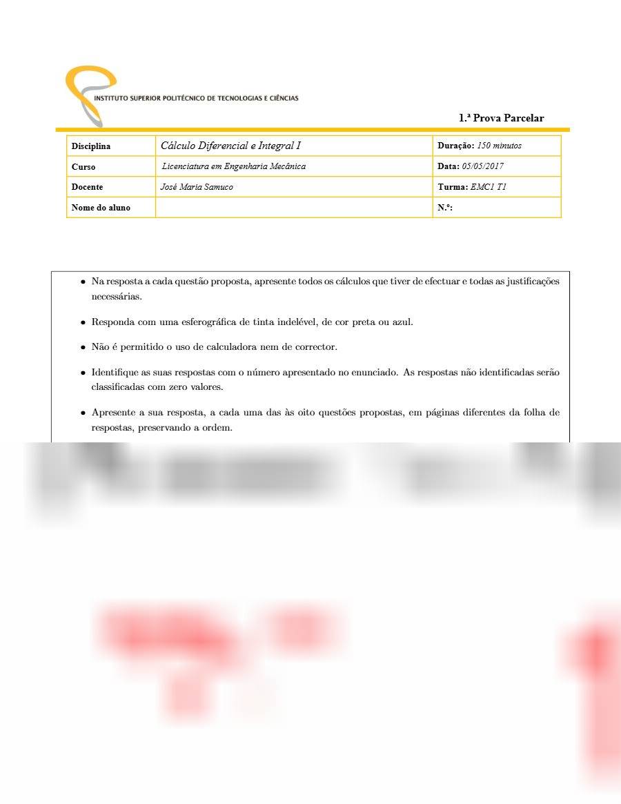 Primeira página: 1.ª Prova Parcelar de Cálculo Diferencial e Integral I, turma EMC1 T1 (versão 2) · ISPTEC · 2017