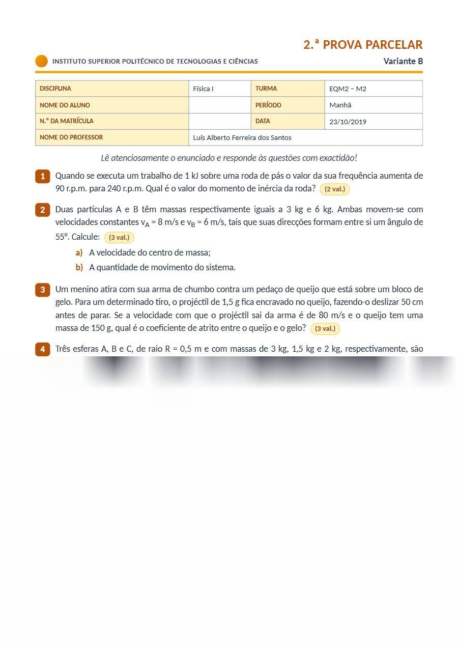 Primeira página: 2.ª Prova Parcelar de Física I, variante B, turma EQM2 M2 · ISPTEC · 2019