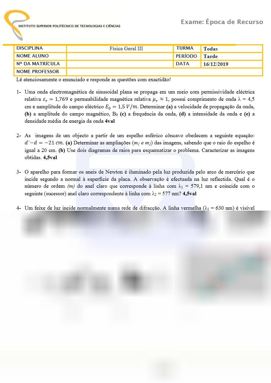 Primeira página: Exame de Recurso de Física Geral III – I 2019 · engenharia informática