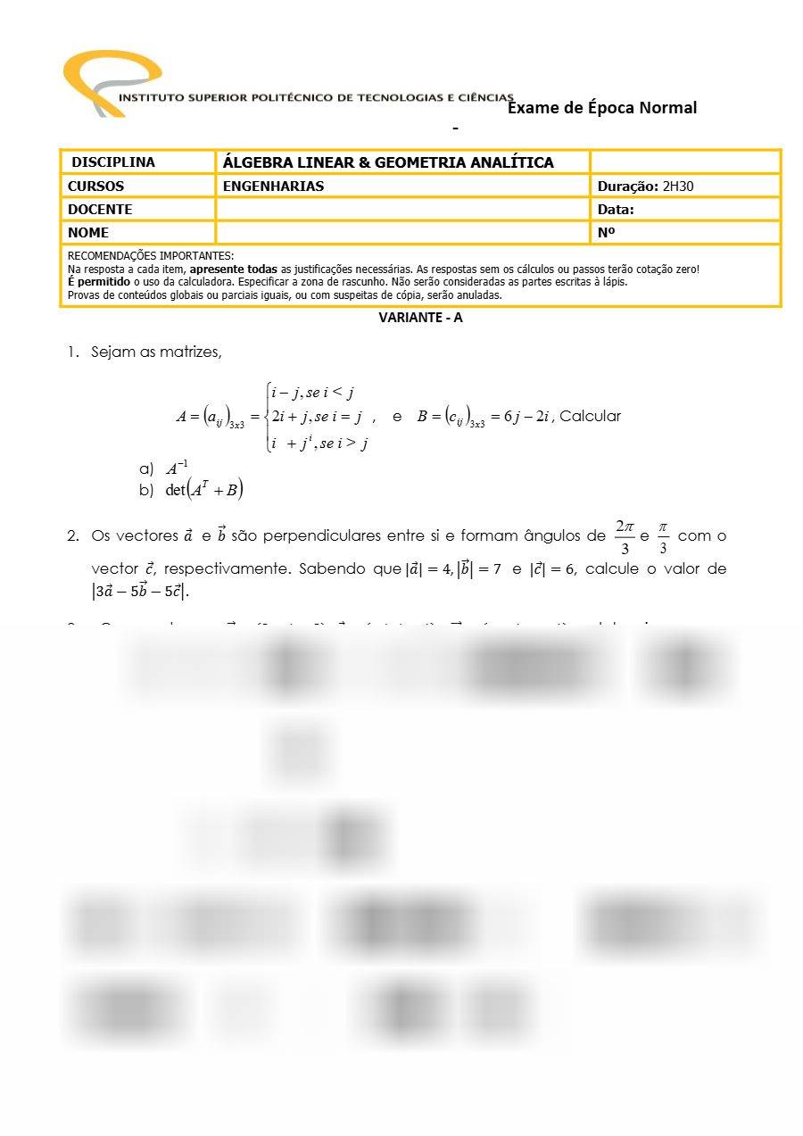 Primeira página: Exame Normal de Álgebra Linear e Geometria Analítica · ISPTEC · 2021