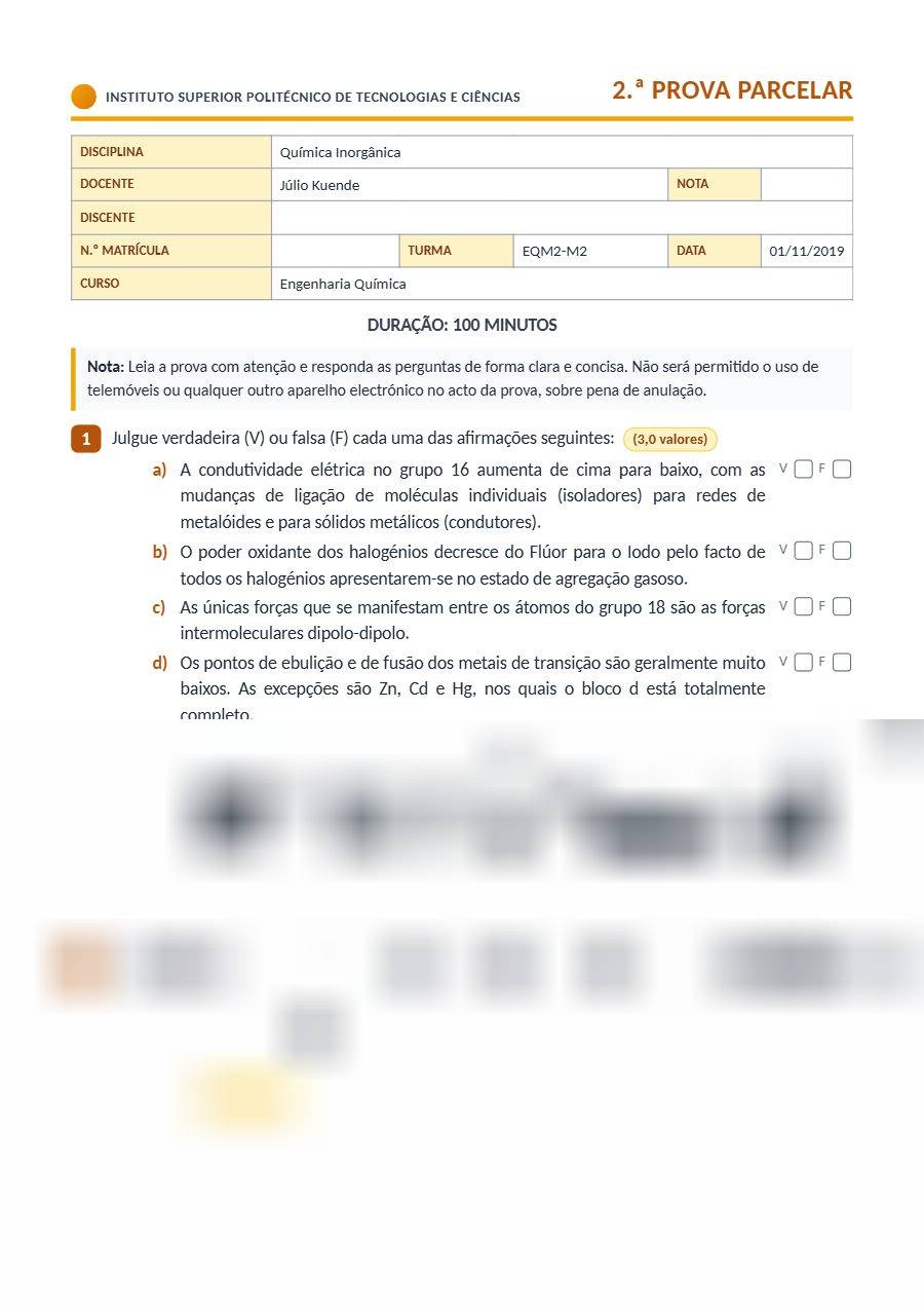 Primeira página: 2.ª Prova Parcelar de Química Inorgânica, turma EQM2-M2 · ISPTEC · 2019