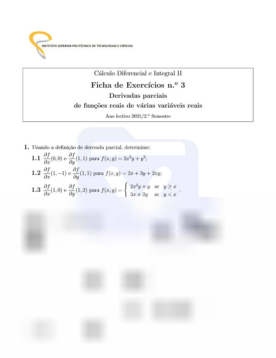 Primeira página: Ficha de Exercícios nº 3 - Derivadas parcias de funções reias de várias variáveis reais