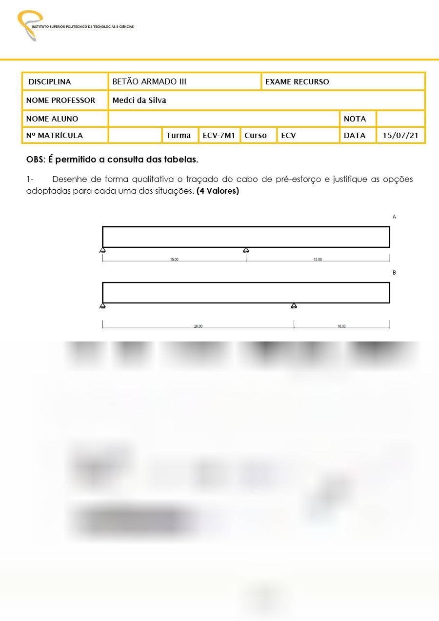 Primeira página: Exame de Recurso de Betão Armado III – ISPTEC 2021 · Engenharia Civil · Prof. Medci da Silva