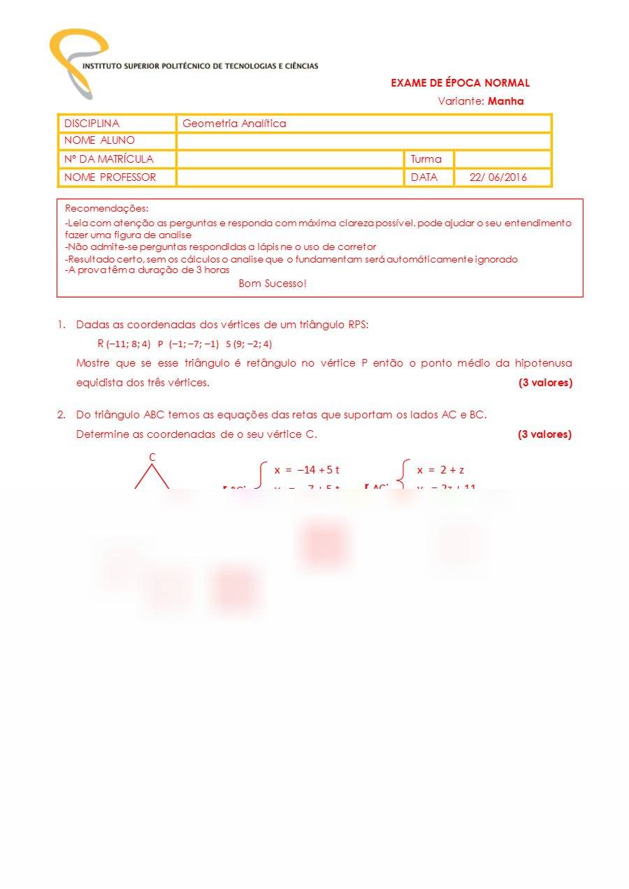 Primeira página: Exame Normal de Geometria Analítica, variante manhã · ISPTEC · 2016
