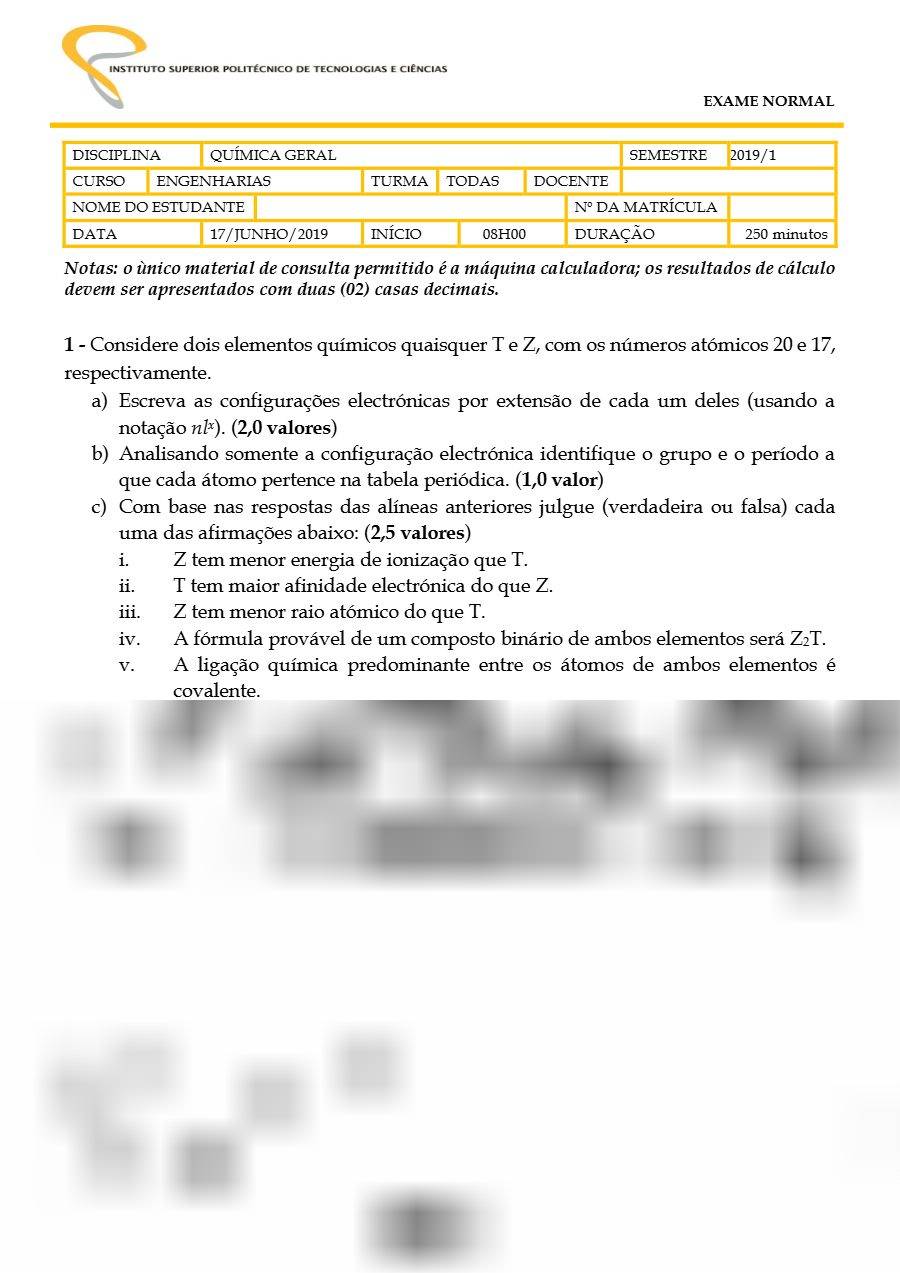 Primeira página: Exame Normal de Química Geral, 1.º semestre · ISPTEC · 2019