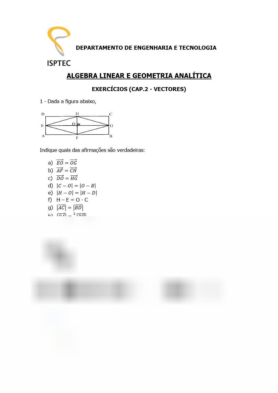 Primeira página: Lista de Exercícios de Álgebra Linear e Geometria Analítica: Capítulo 2, vectores · ISPTEC
