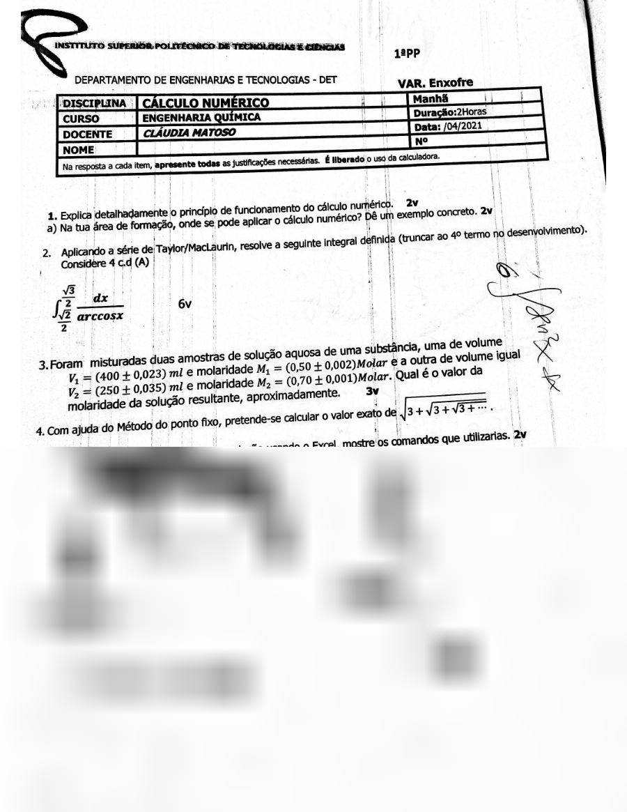 Primeira página: 1.ª Prova Parcelar de Cálculo Numérico, Engenharia Química, variante Enxofre, turno da manhã · ISPTEC · 2021