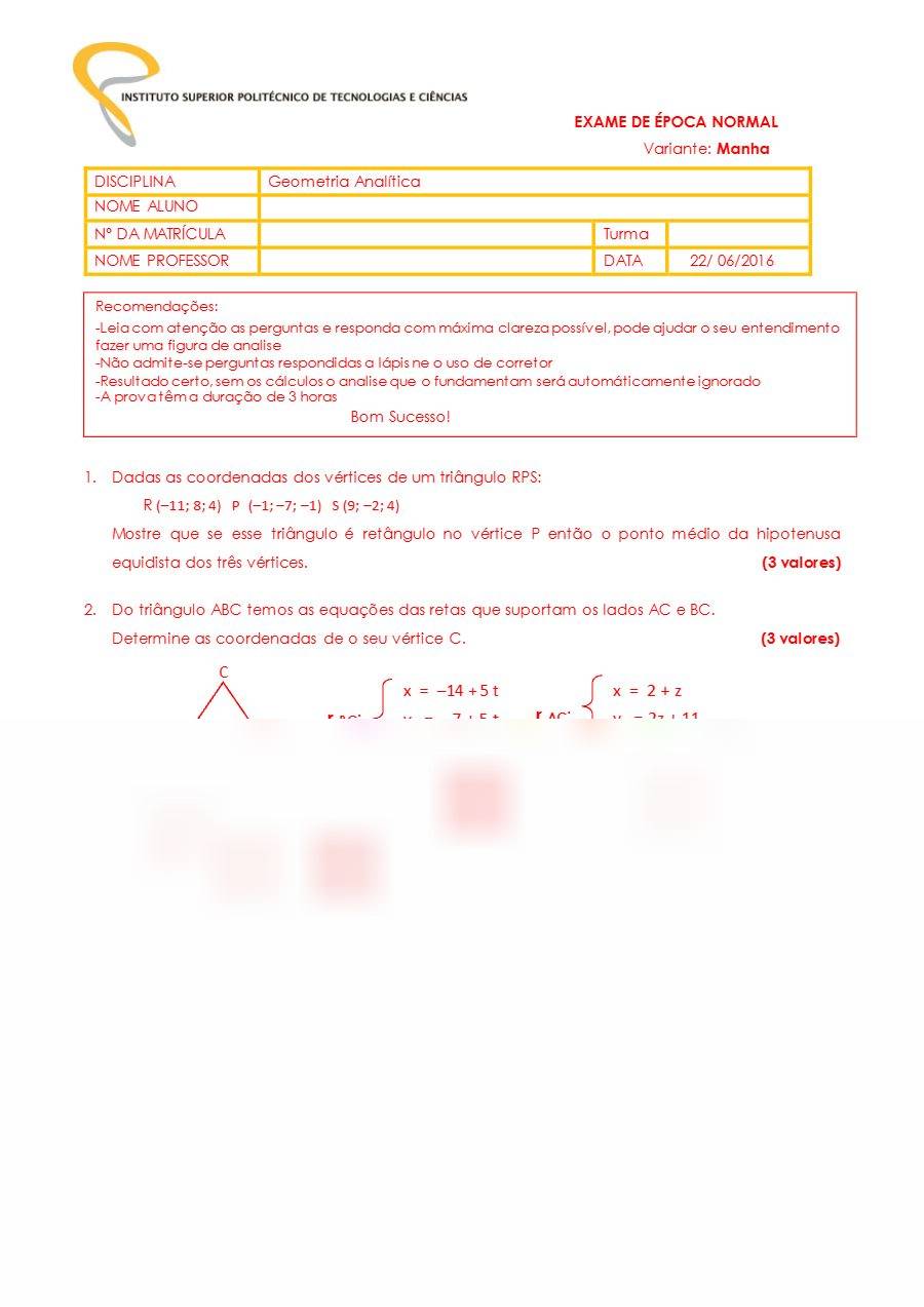 Primeira página: Exame Normal de Geometria Analítica, turno da manhã · ISPTEC · 2016