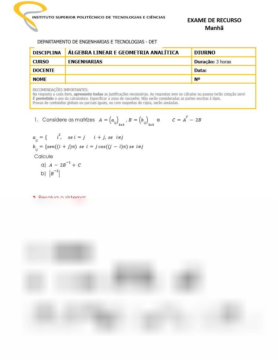 Primeira página: Exame de Recurso de Álgebra Linear e Geometria Analítica, turno da manhã (variante avulsa) · ISPTEC · 2018