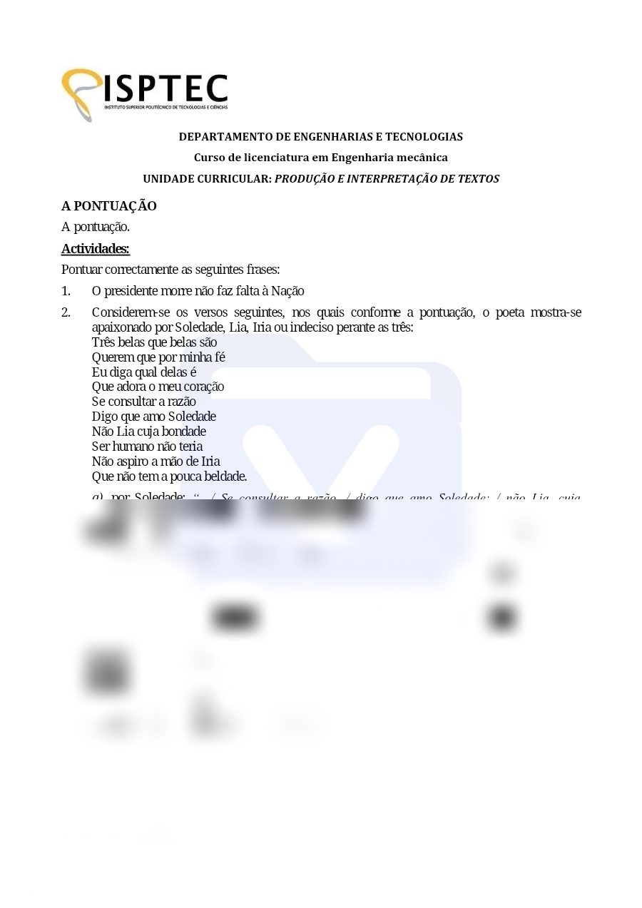 Primeira página: Pontuação e Virgulação - PIT, 1° Semestre