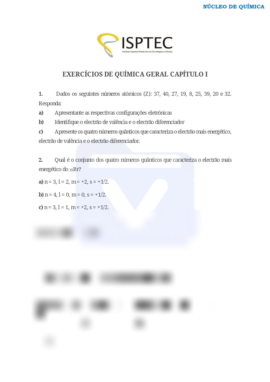 Primeira página: Ficha de Exercícios de Química Geral – ISPTEC 2026 · Engenharias