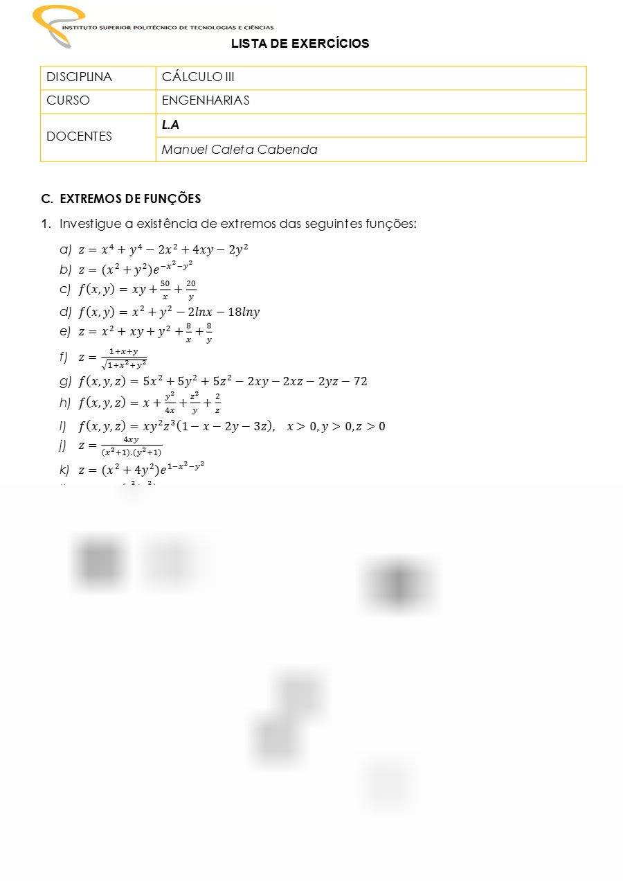 Primeira página: Lista de Exercícios de Cálculo III: extremos de funções e otimização · ISPTEC