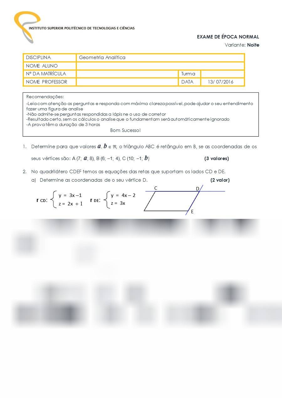 Primeira página: Exame Normal de Geometria Analítica, variante noite · ISPTEC · 2016