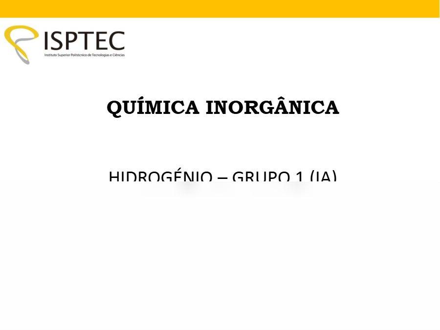 Primeira página: Apontamentos de Química Inorgânica: hidrogénio · ISPTEC · 2019