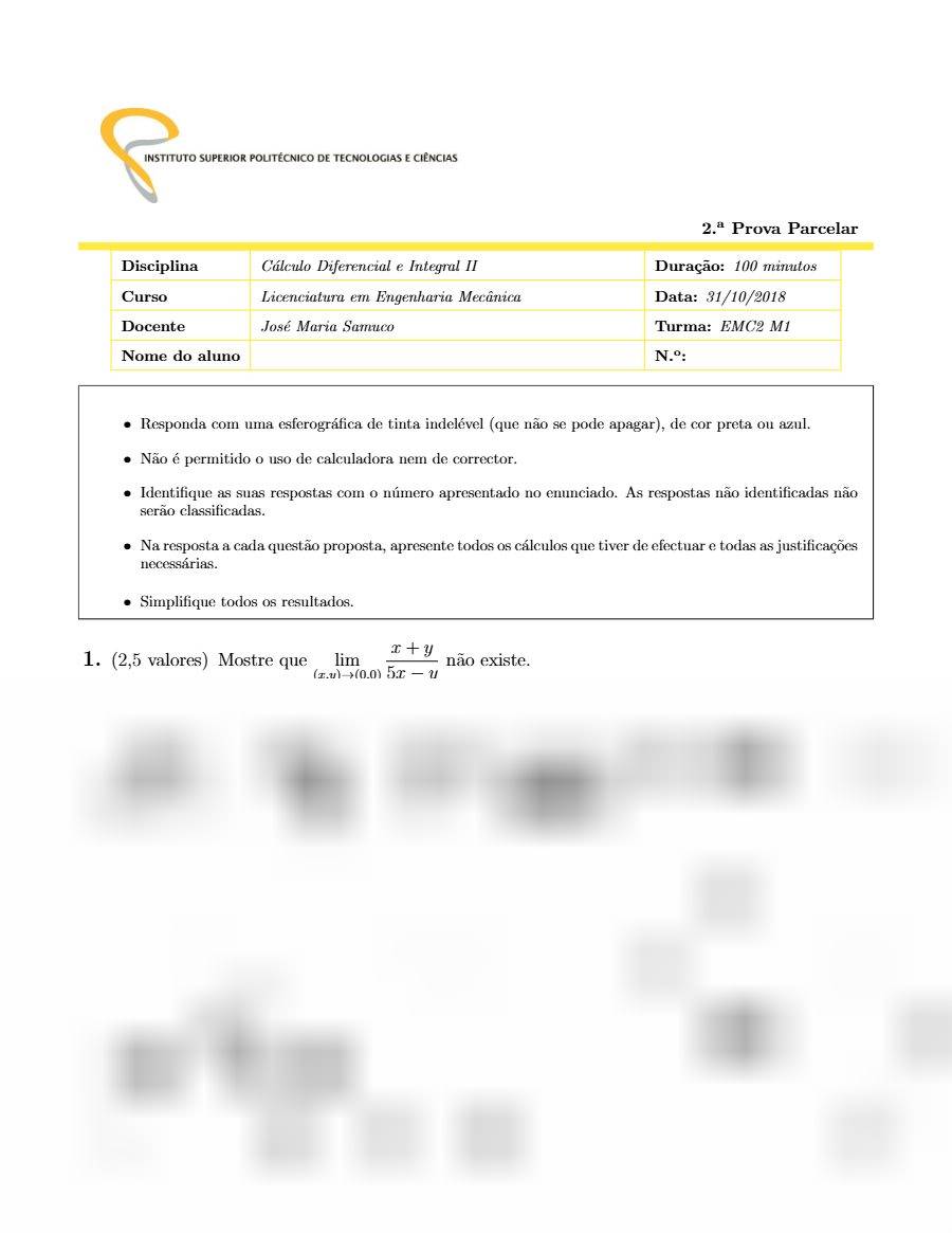 Primeira página: 2.ª Prova Parcelar de Cálculo Diferencial e Integral II, turma EMC2 M1 · ISPTEC · 2018