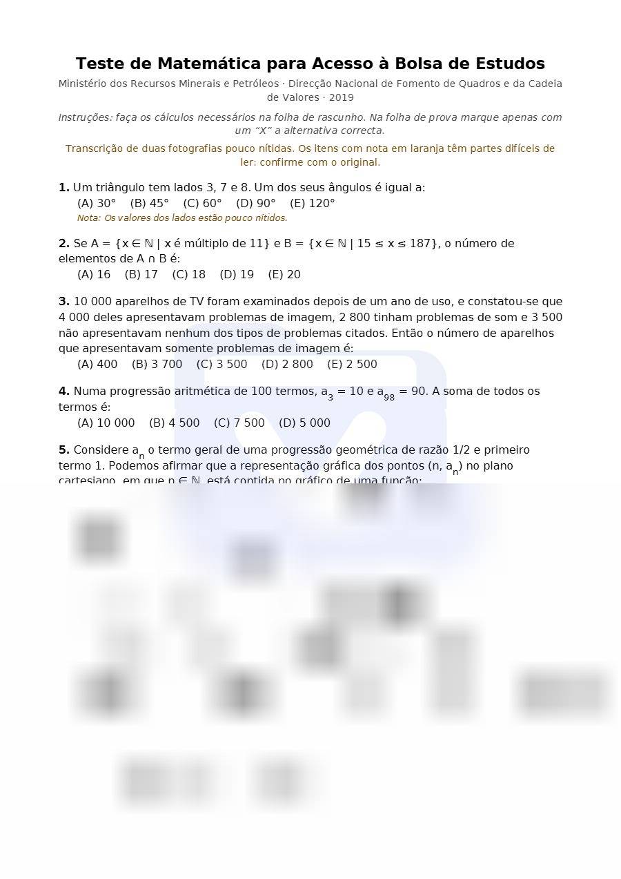 Primeira página: Teste de Matemática para Acesso à Bolsa de Estudos para França - 2019