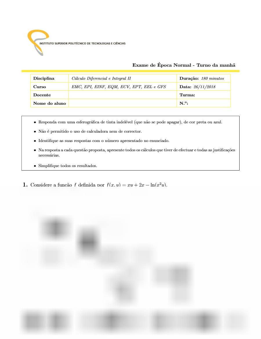 Primeira página: Exame Normal de Cálculo Diferencial e Integral II, turno da manhã · ISPTEC · 2018