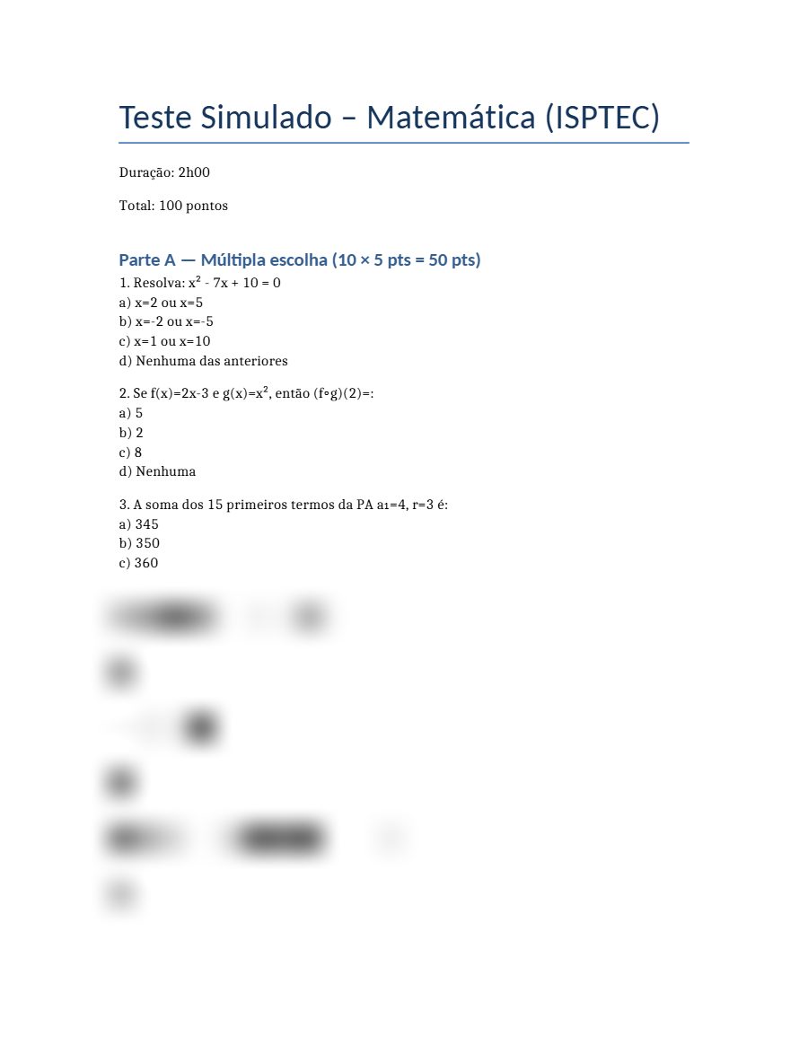 Primeira página: Exercícios de Matemática: teste simulado de admissão · ISPTEC