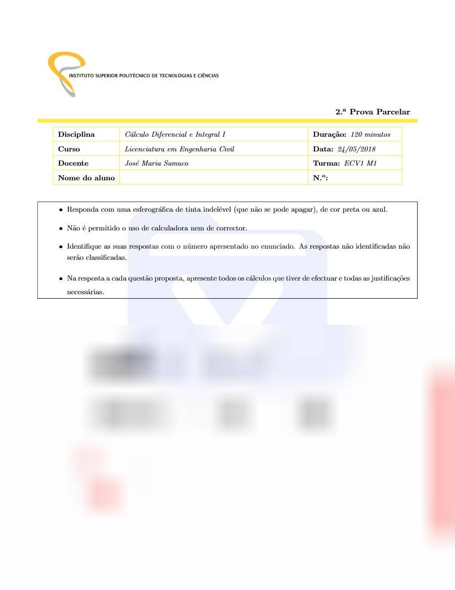Primeira página: 2.ª Prova Parcelar de Cálculo Diferencial e Integral I · Engenharia Civil · ISPTEC · 2018