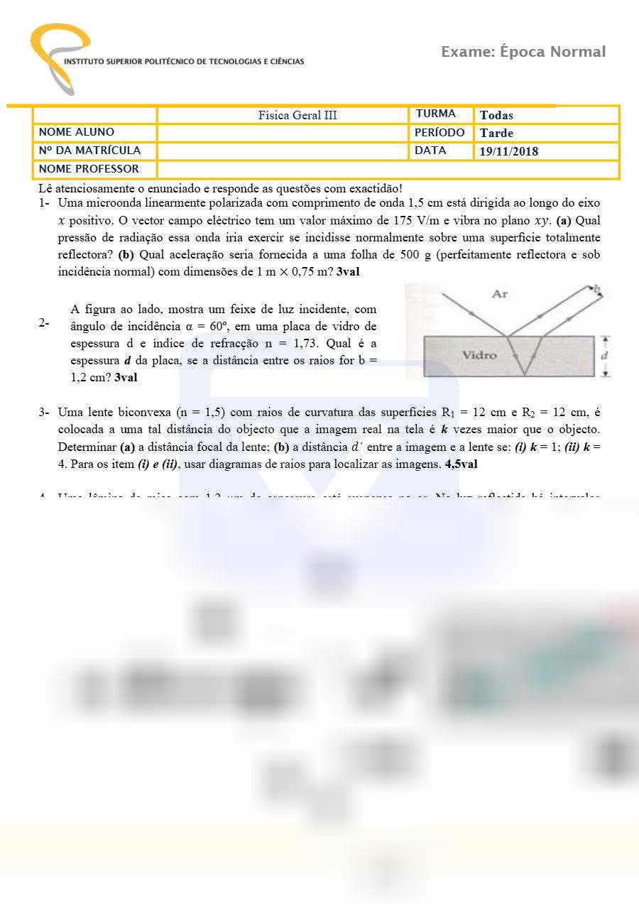 Primeira página: Exame Normal de Física Geral III – I 2019 · engenharia informática