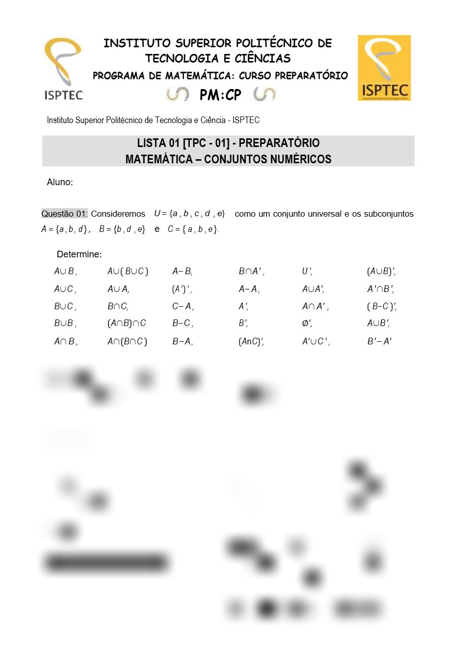 Primeira página: Exercícios de Matemática preparatória, Lista 01: teoria dos conjuntos · ISPTEC