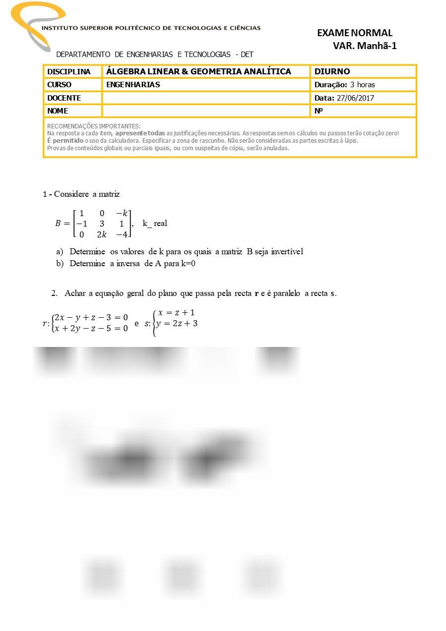 Primeira página: Exame Normal de Álgebra Linear e Geometria Analítica, variante manhã 1 · ISPTEC · 2017