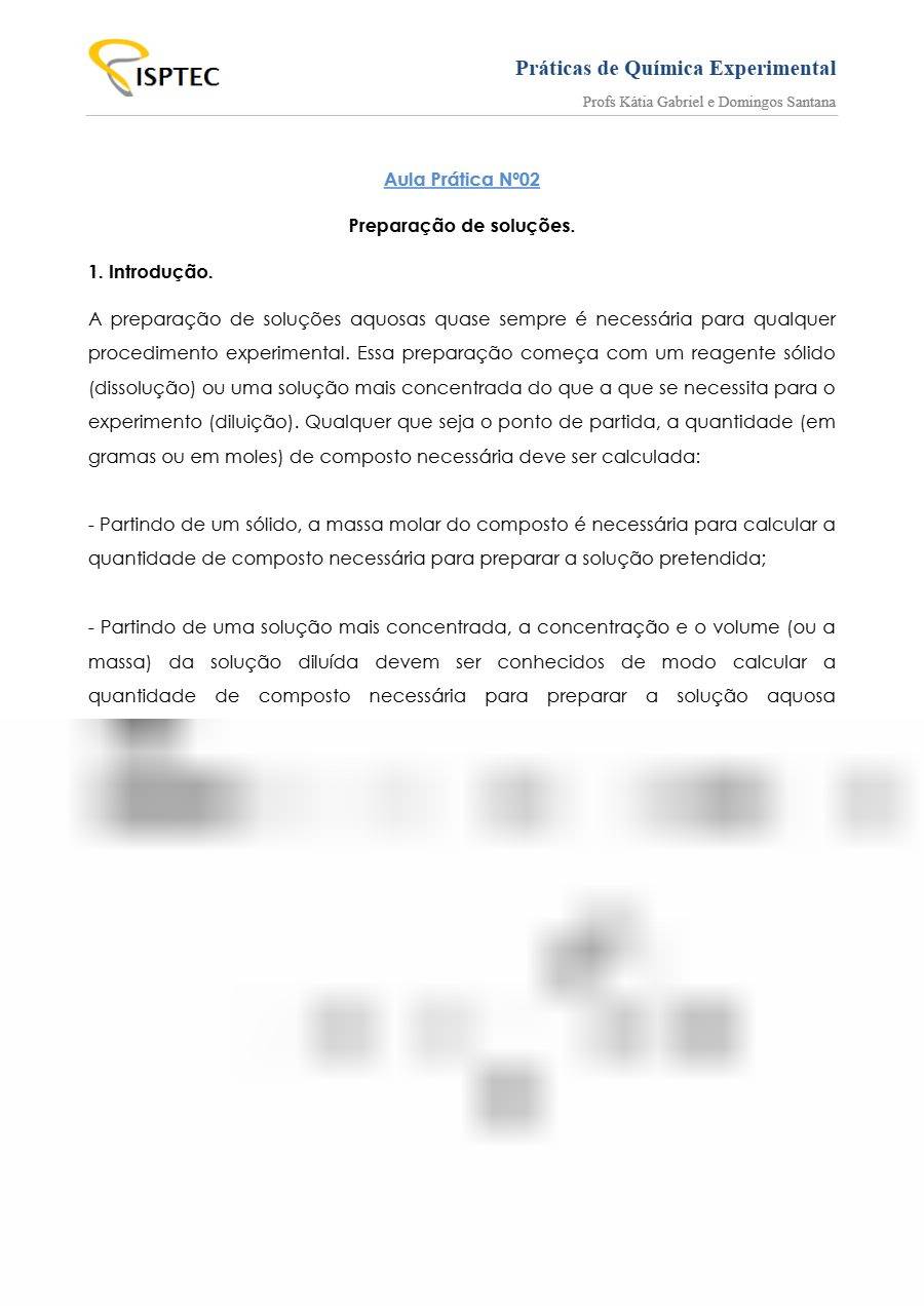 Primeira página: Guião da Aula Prática n.º 2 de Química Geral: preparação de soluções · ISPTEC