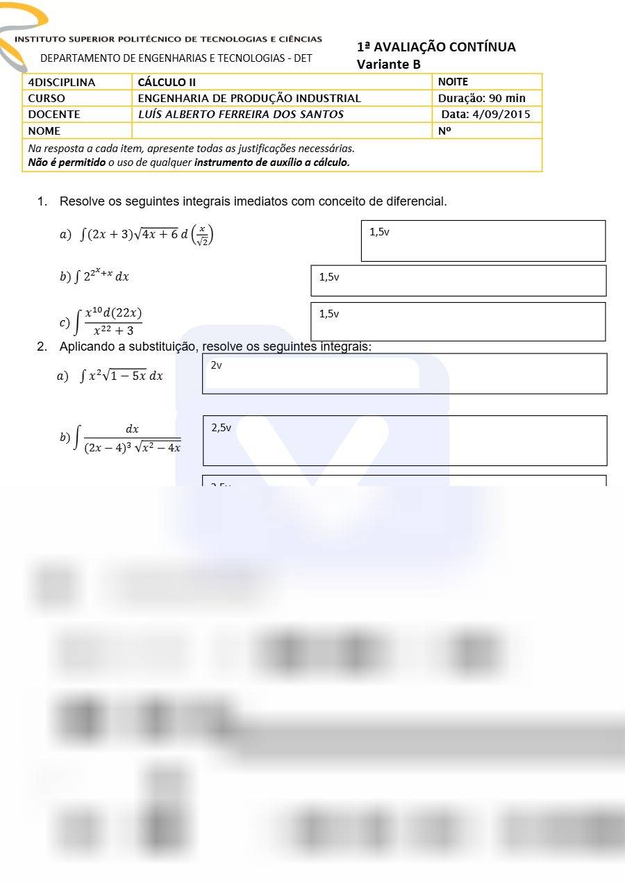 Primeira página: 1.ª Prova Parcelar de Cálculo Diferencial e Integral II · Engenharia de Produção Industrial · ISPTEC · 2015 · Prof. Luís Alberto L.A