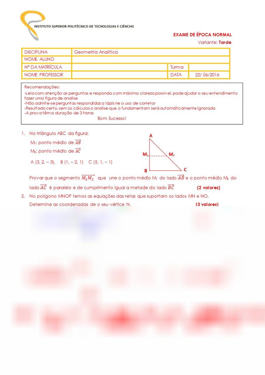 Primeira página: Exame Normal de Geometria Analítica, variante tarde · ISPTEC · 2016
