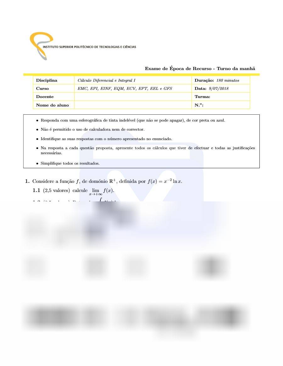 Primeira página: Exame de Recurso de Cálculo Diferencial e Integral I · Engenharias · ISPTEC · 2018
