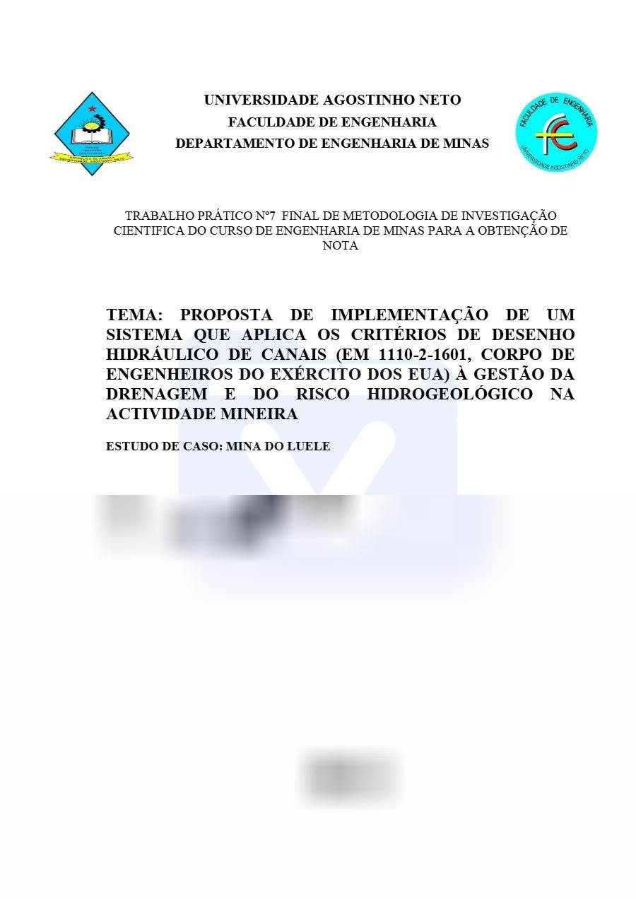 Primeira página: Projeto Final de Metodologia de Investigação Científica: Proposta de Drenagem e Risco Hidrogeológico na Mina do Luele · UAN 2026 · Engen Prof. TERÊNCIO MONTEIRO