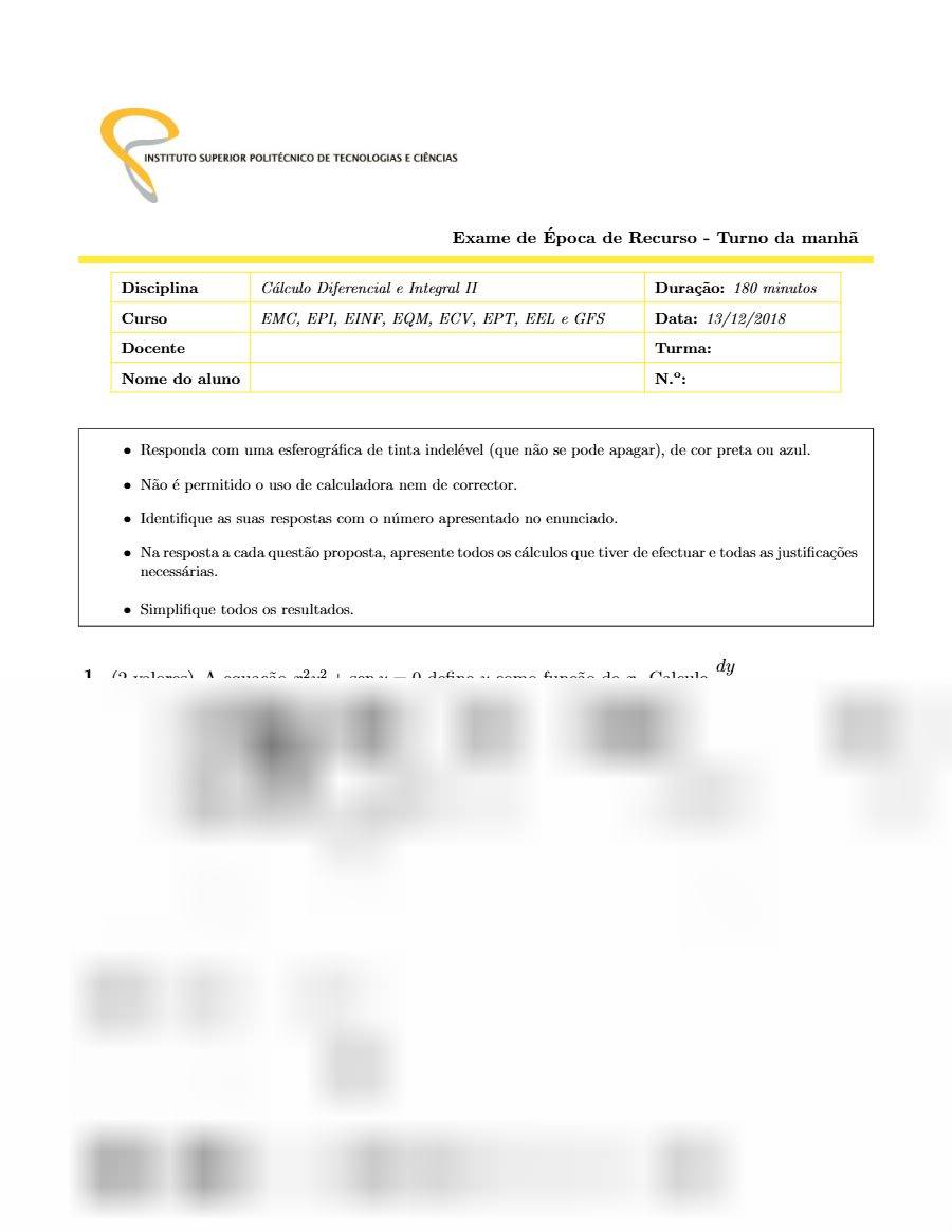 Primeira página: Exame de Recurso de Cálculo Diferencial e Integral II, turno da manhã · ISPTEC · 2018