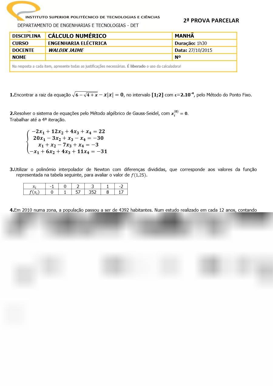 Primeira página: 2.ª Prova Parcelar de Cálculo Numérico, Engenharia Electrotécnica, turno da manhã · ISPTEC · 2015