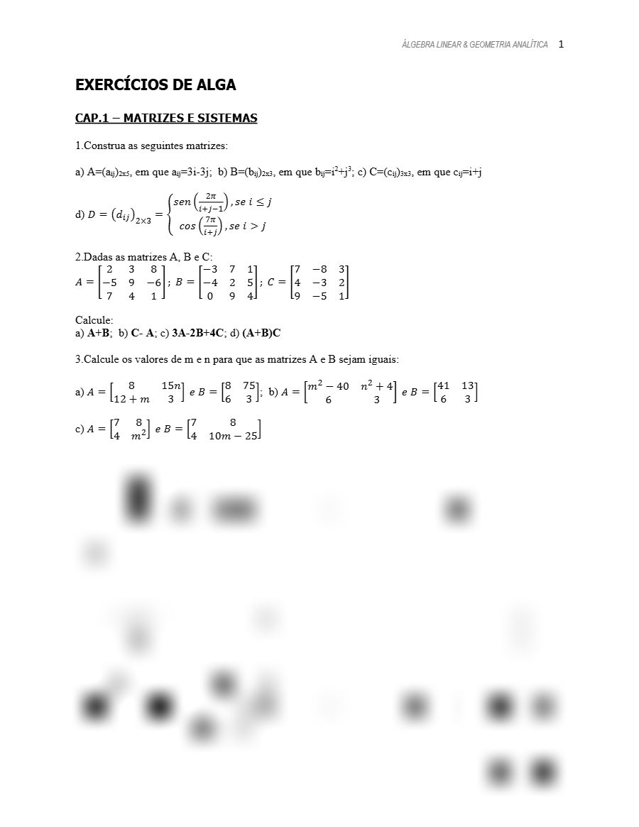 Primeira página: Exercícios de Álgebra Linear e Geometria Analítica: matrizes e sistemas · ISPTEC · 2024