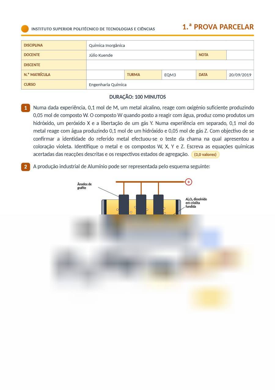Primeira página: 1.ª Prova Parcelar de Química Inorgânica, turma EQM3 · ISPTEC · 2019
