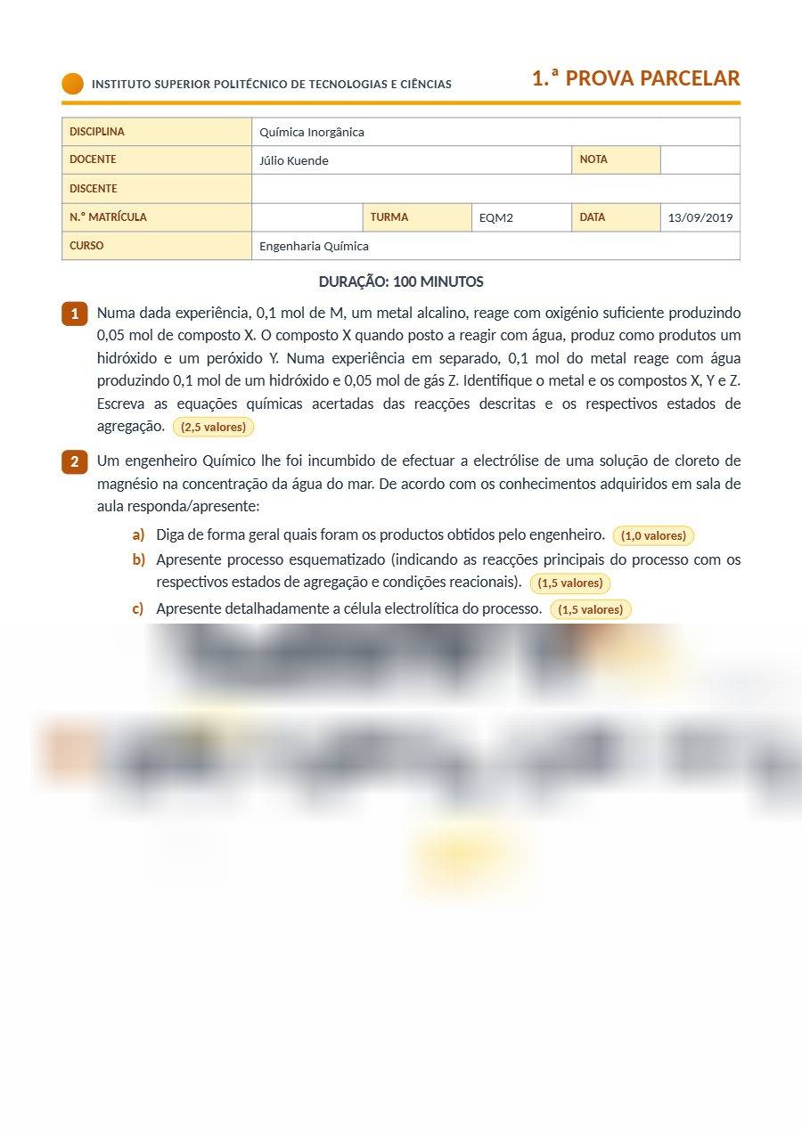 Primeira página: 1.ª Prova Parcelar de Química Inorgânica, turma EQM2 · ISPTEC · 2019