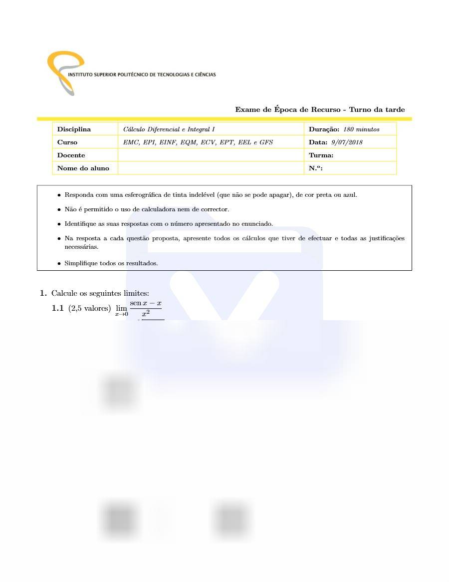 Primeira página: Exame de Recurso de Cálculo Diferencial e Integral I · Engenharias · ISPTEC · 2018
