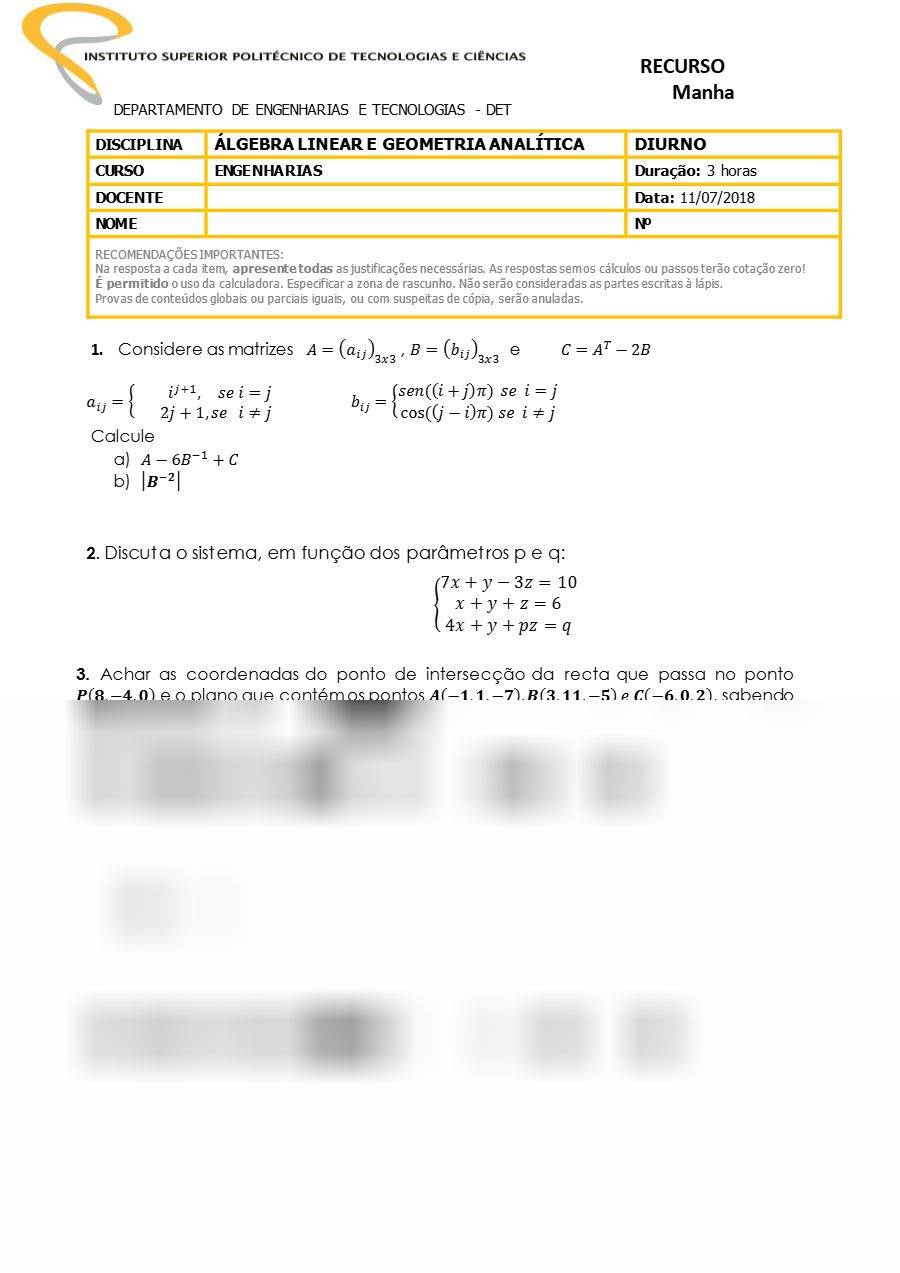 Primeira página: Exame de Recurso de Álgebra Linear e Geometria Analítica, turno da manhã (várias variantes) · ISPTEC · 2018