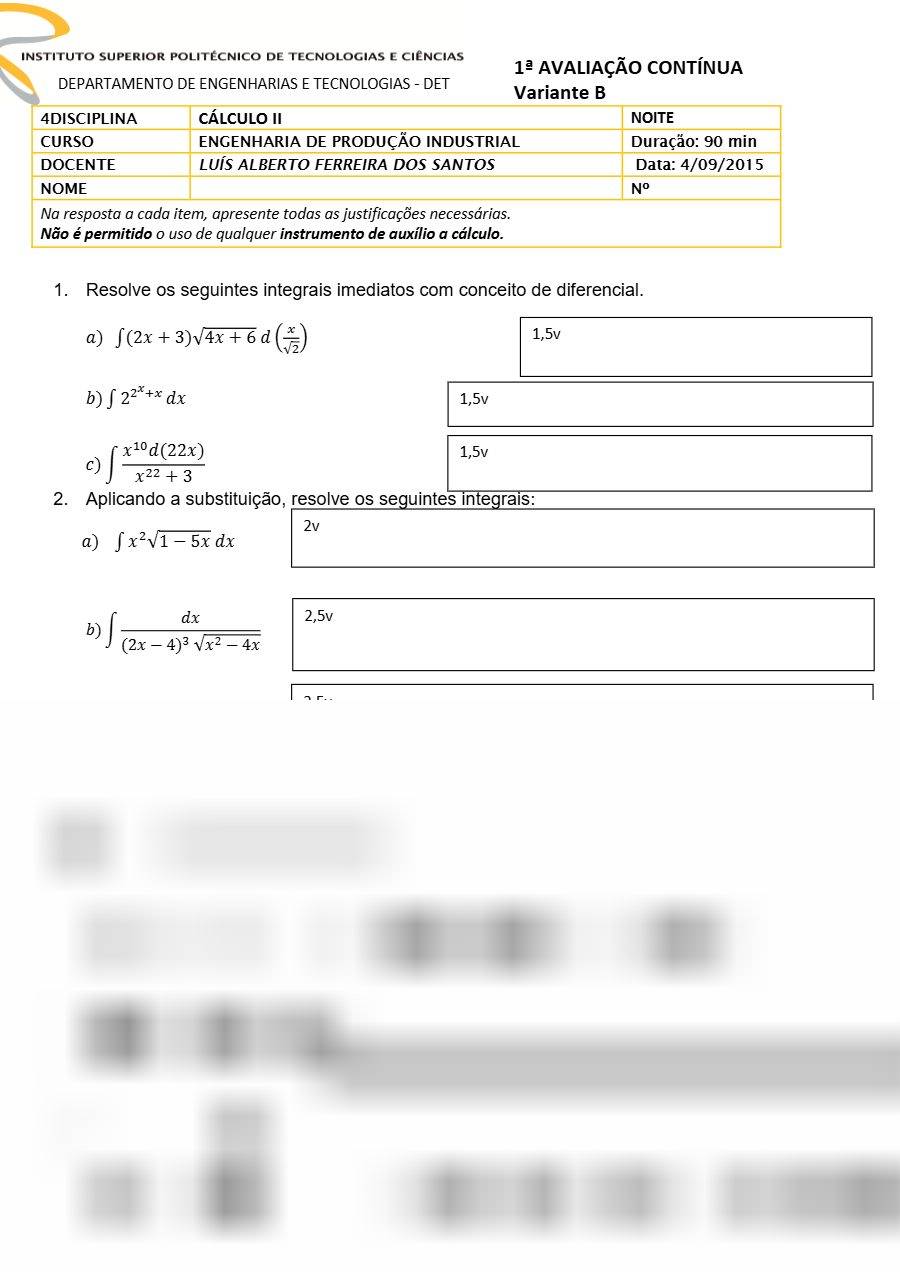 Primeira página: 1.ª Avaliação Contínua de Cálculo II, Variante B · ISPTEC · 2015