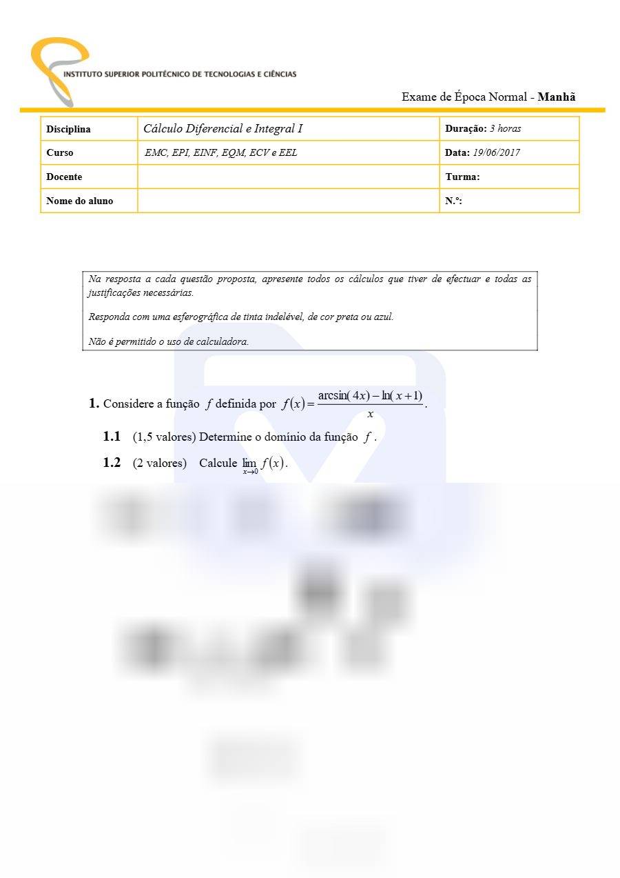 Primeira página: Exame Normal de Cálculo Diferencial e Integral I · Engenharias · ISPTEC · 2017