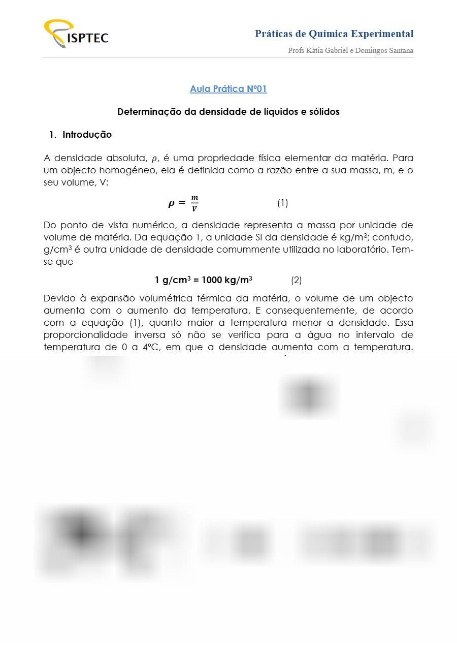 Primeira página: Guião da Aula Prática n.º 1 de Química Geral: densidade de líquidos e sólidos · ISPTEC