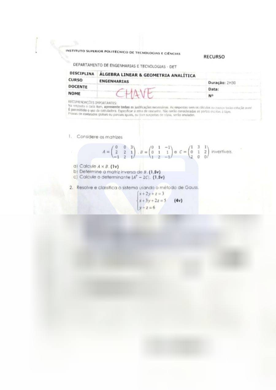 Primeira página: Exame de Recurso de Álgebra Linear e Geometria Analítica – ISPTEC 2023 · Engenharia Informática