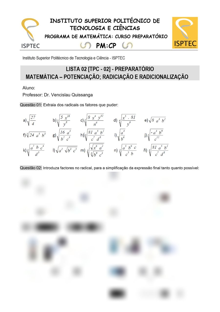 Primeira página: Exercícios de Matemática preparatória, Lista 02: potências e radicais · ISPTEC