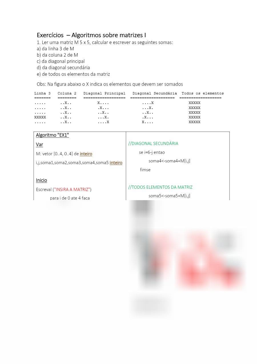 Primeira página: Lista de Exercícios sobre Algoritmos com Matrizes I de Algoritmos e Programação · 2026